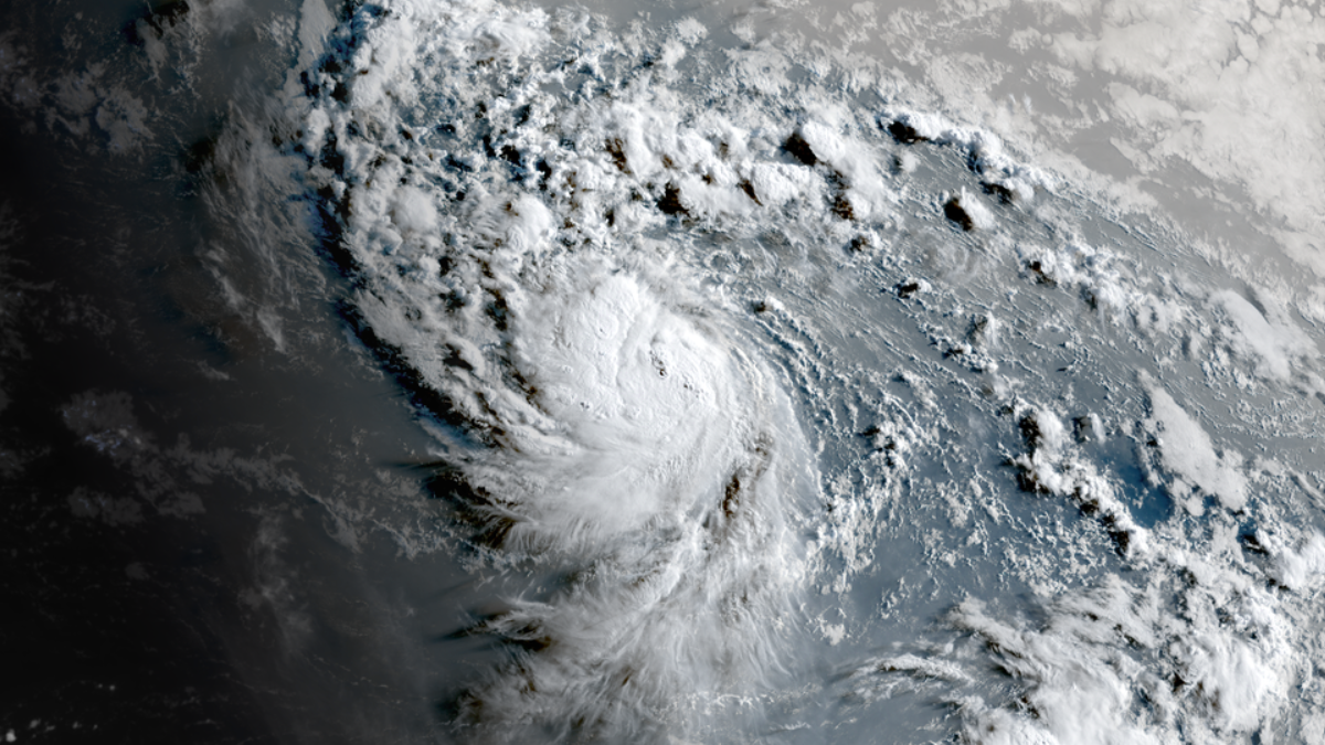 Satellite image of Tropical Storm Erin as of 0950 UTC on August 14, 2025. Credit: Goes-19, RAMMB/CIRA, The Watchers