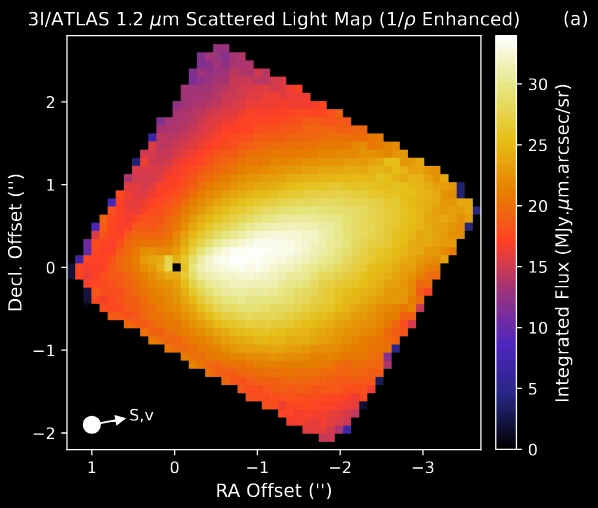 JWST’s 1.2 μm scattered-light map of interstellar comet 3I/ATLAS, adjusted to highlight features near the nucleus. The enhancement helps reveal subtle structures in the dust coma as the comet moves through space.