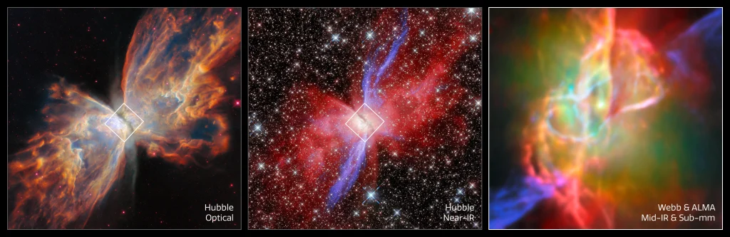 This image set showcases three views of the Butterfly Nebula, featuring an optical and near-infrared view from Hubble (left and middle) and the latest Webb/ALMA image. ESA/Webb, NASA & CSA, M. Matsuura, J. Kastner, K. Noll, ALMA (ESO/NAOJ/NRAO), N. Hirano, J. Kastner, M. Zamani (ESA/Webb)