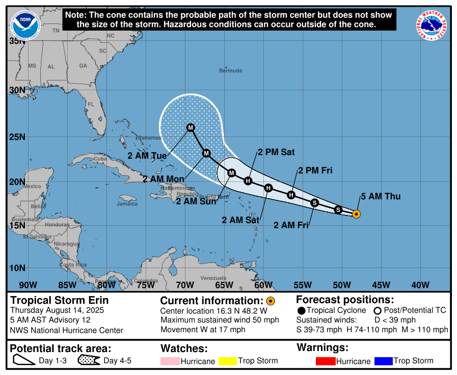 Tropical Storm Erin Forecast Track as of August 14, 2025. Credit NHC