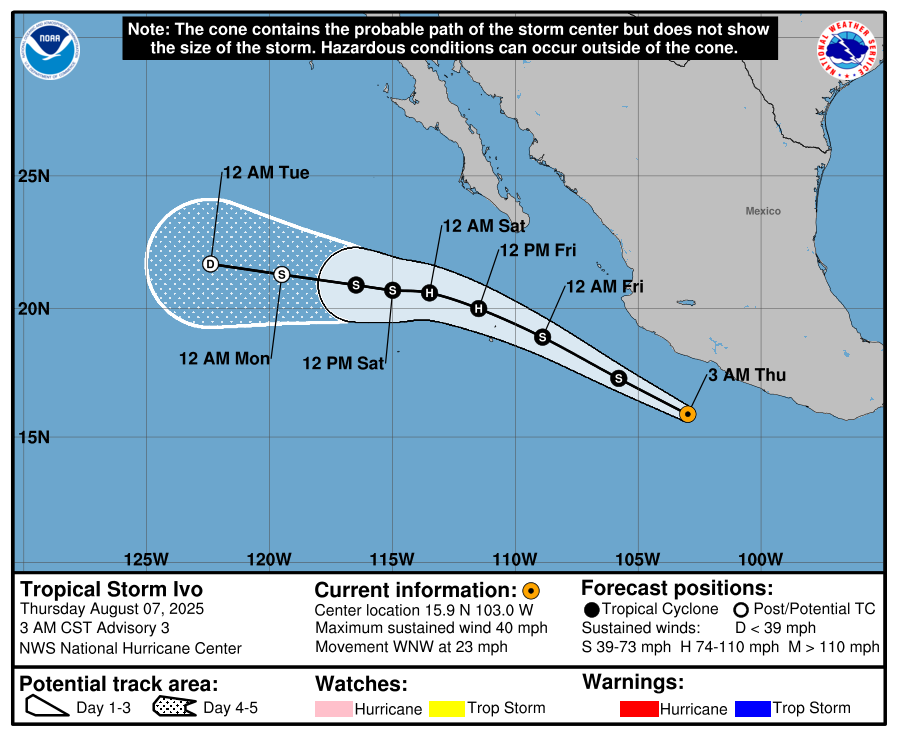 Tropical storm Ivo forecast track. Credit NHC