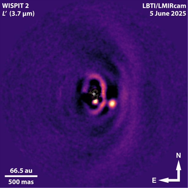 The KLIP reduced L′ image from the LBT telescope with the LBTI LMIRcam instrument. The location of WISPIT 2b and the inner #3 and outer #2 dust rings are clear (despite the significant self-subtraction from KLIP). WISPIT 2b is located nearly in the center of the dust-free gap between the rings. The image is 1.″43 × 1.″43; see Appendix B for details about the L′ reduction. Credit: R.F. Van Capellevan Et Al.