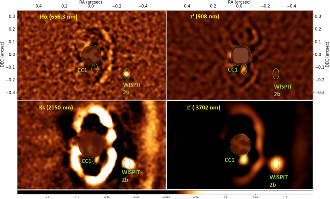 Zoom-in on the inner 1 162 × 694 mas region showing companion candidate CC1 at multiple wavelengths. CC1 is detected at SNR = 4.3 in z′ and 12.1 in L′, with consistent positions across bands (Δsep = −3 ± 14 mas, ΔPA = 0.1° ± 3.0°). The Ks detection is partially obscured by the SPHERE coronagraph but spatially consistent. CC1 appears point-like at L′ and slightly extended at z′ and Ks, while undetected in Hα (SNR < 2). Its location is marked by green ellipses (110 mas, 192°). CC1 may be a ~9 Mjup protoplanet with a circumplanetary disk (CPD) or a compact dust clump.