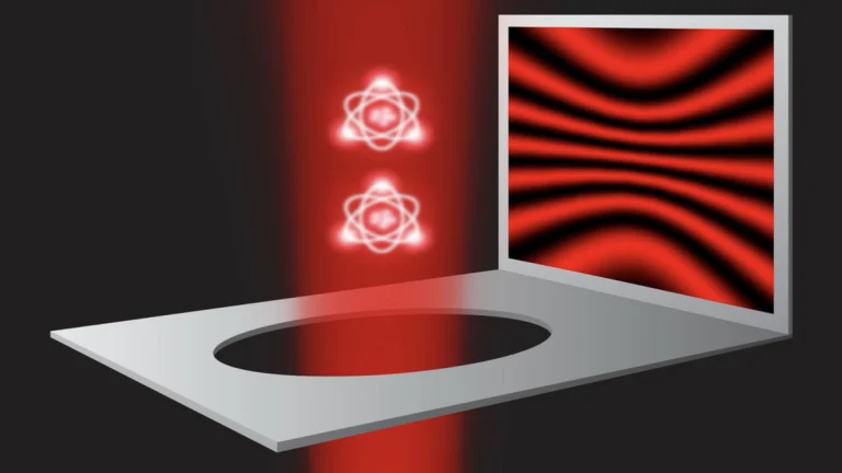 Experiment schematic: Two single atoms floating in a vacuum chamber are illuminated by a laser beam and act as the two slits. The interference of the scattered light is recorded with a highly sensitive camera depicted as a screen. Incoherent light appears as background and implies that the photon has acted as a particle passing only through one slit. (Courtesy: Wolfgang Ketterle, Vitaly Fedoseev, Hanzhen Lin, Yu-Kun Lu, Yoo Kyung Lee and Jiahao Lyu)