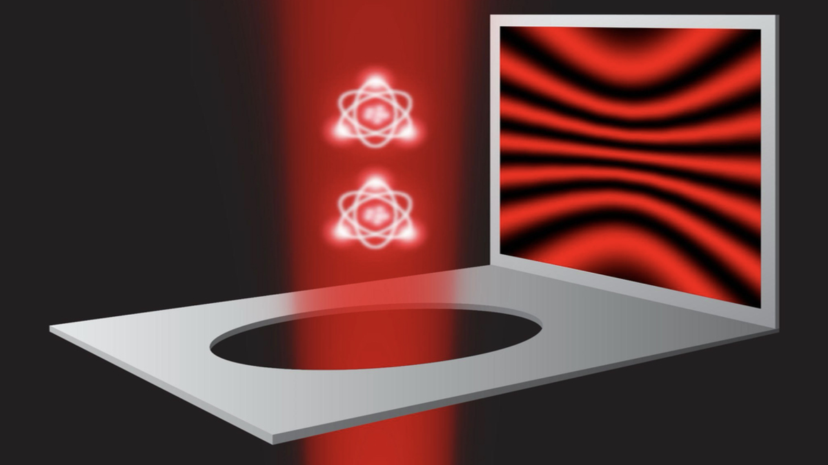 Experiment schematic: Two single atoms floating in a vacuum chamber are illuminated by a laser beam and act as the two slits. The interference of the scattered light is recorded with a highly sensitive camera depicted as a screen. Incoherent light appears as background and implies that the photon has acted as a particle passing only through one slit. (Courtesy: Wolfgang Ketterle, Vitaly Fedoseev, Hanzhen Lin, Yu-Kun Lu, Yoo Kyung Lee and Jiahao Lyu)