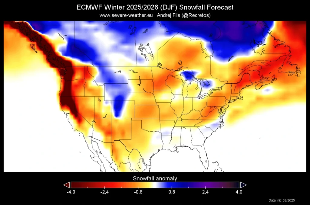 ECMWF seasonal snowfall anomaly forecast for the United States and Canada, December 2025–February 2026.