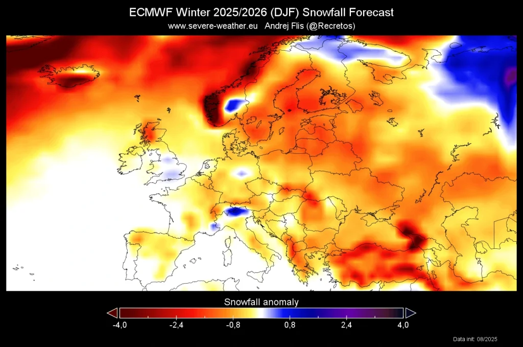 ECMWF seasonal snowfall anomaly forecast for Europe, December 2025–February 2026.