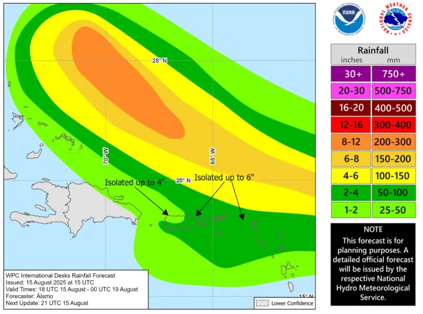 hurricane erin rainfall potential august 15 to 19 2025