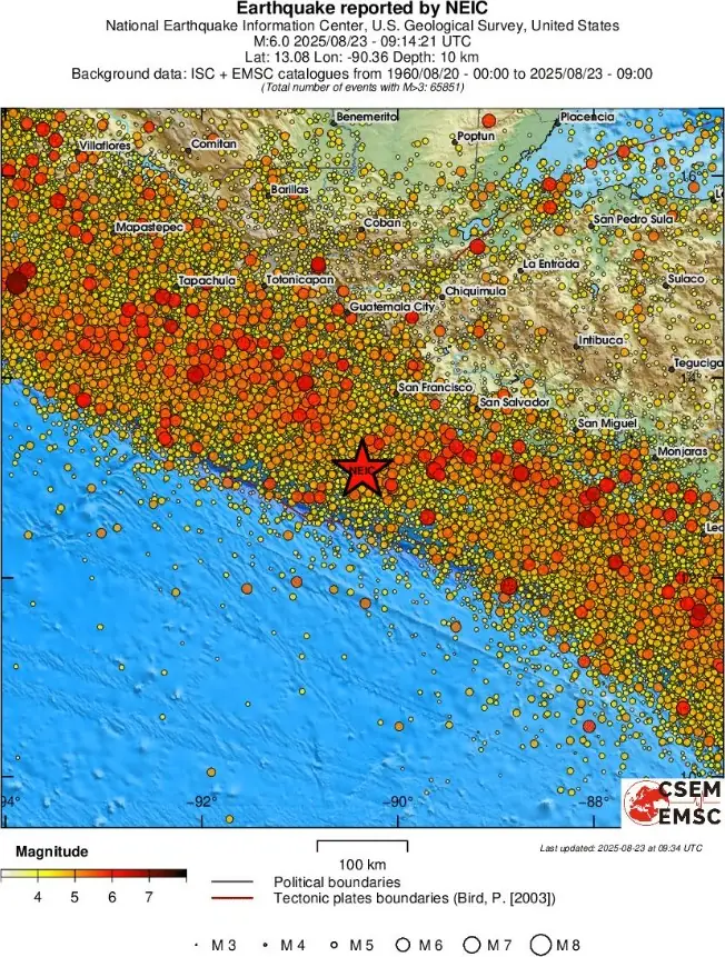 m6.0 earthquake off the coast of el salvador on august 23 2025 emsc regional seismicity