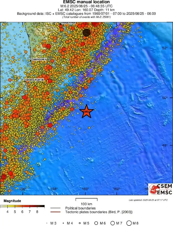 m6.1 earthquake east of the kuril islands on august 25 2025 emsc rs