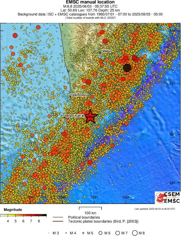m6.8 earthquake kamchatka russia at 0537 utc on august 3 2025 emsc regional seismicity