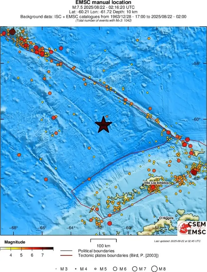 m7.5 earthquake drake passage august 22 2025 emsc regional seismicity