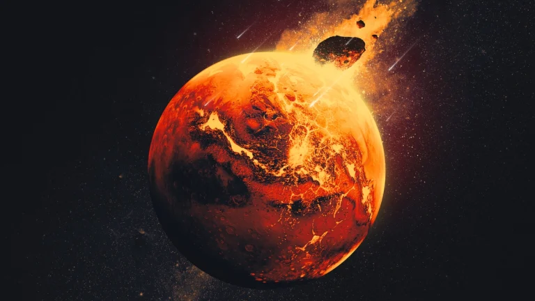 Scientists believe giant impacts — like the one depicted in this artist’s concept — occurred on Mars 4.5 billion years ago, injecting debris from the impact deep into the planet’s mantle. NASA’s InSight lander detected this debris before the mission’s end in 2022.