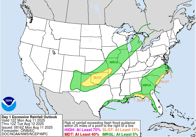 WPC Day 1 Excessive Rainfall Outlook valid for 12 UTC Aug 11, 2025 - 12 UTC Aug 12, 2025.