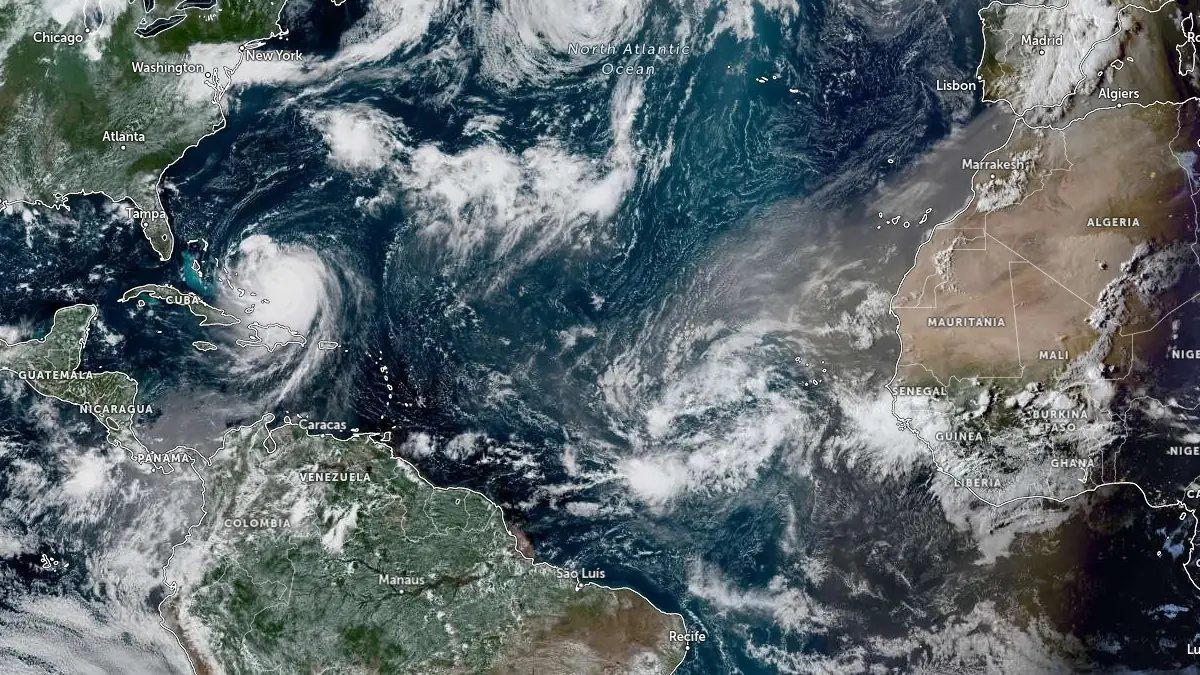 satellite image of atlantic ocean hurricane erin and td 1730 utc august 18 2025