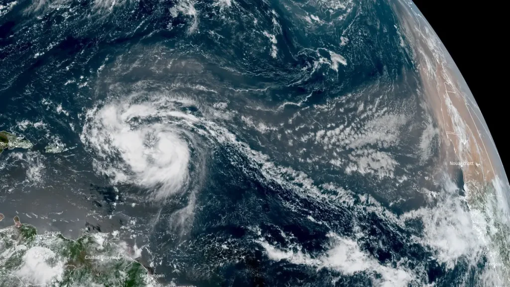 satellite image of hurricane erin at 1550 utc on august 15 2025 with saharan air layer