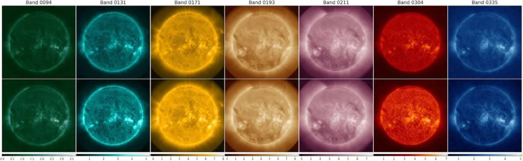 The "ground truth" solar activity is shown on the top row. The bottom row shows solar activity predicted by Surya. Credit: NASA/SDO/ODSI IMPACT AI Team