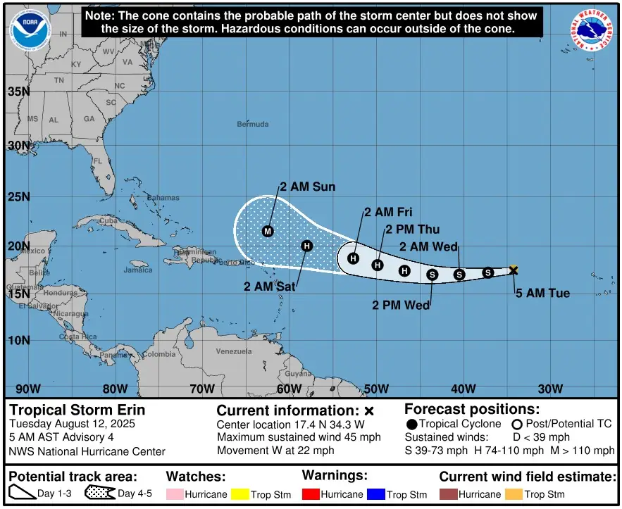 tropical storm erin nhc forecast track 09z august 12 2025