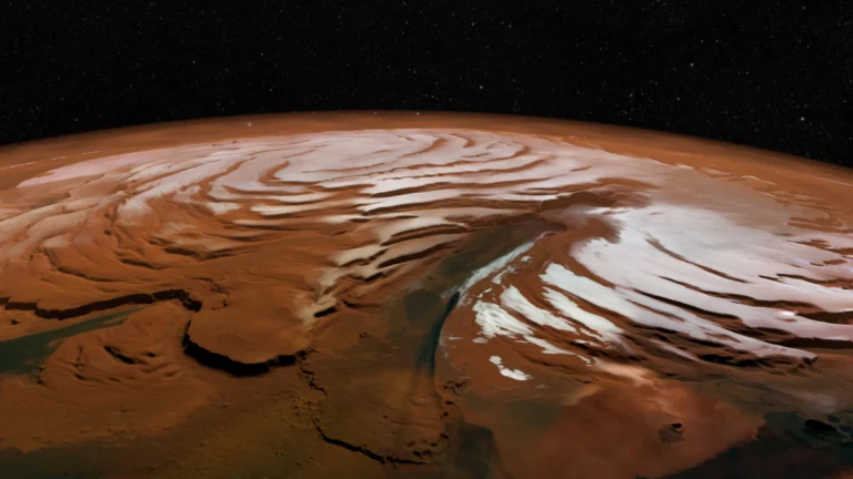 A view of the north pole of Mars, created by taking images as seen by the European Space Agency’s Mars Express spacecraft
