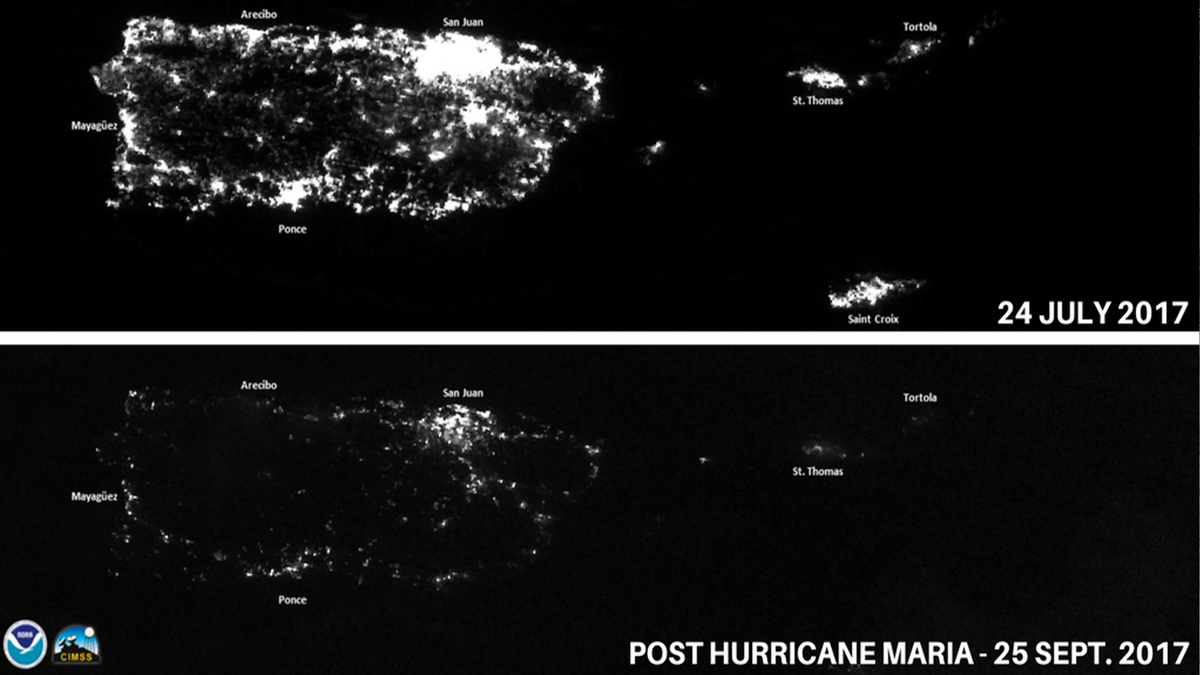 Comparison of lights at night in Puerto Rico before (top) and after (bottom) Hurricane Maria