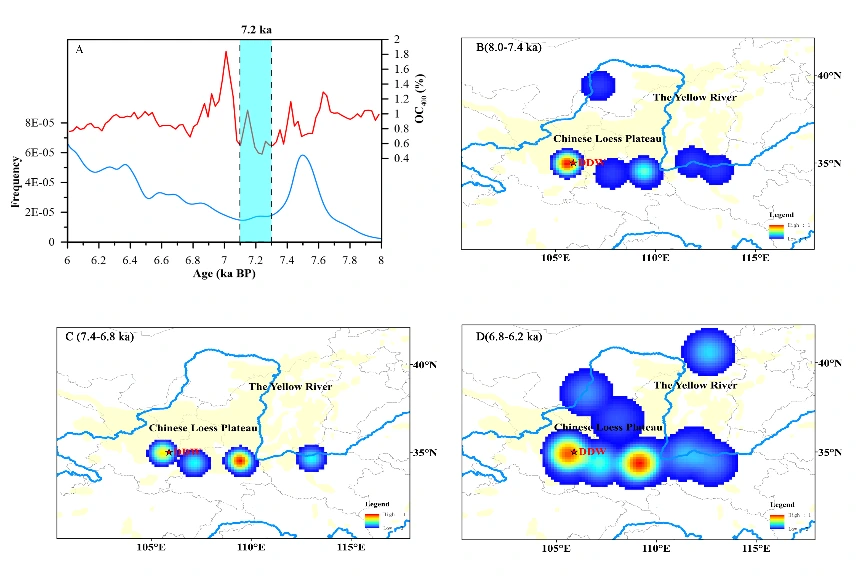 Comparison of organic carbon (OC400) records from Dadiwan with the probability and kernel density distributions of 14C archaeological ages