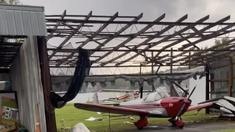Damaged hangar at Sky Ranch Airport, Knoxville, Tennessee, following severe storms on September 4, 2025. Credit: SKY Program
