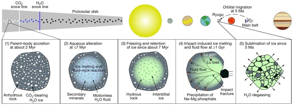 Diagram to show how the researchers think the evolution of Ryugu played out over at least a billion years