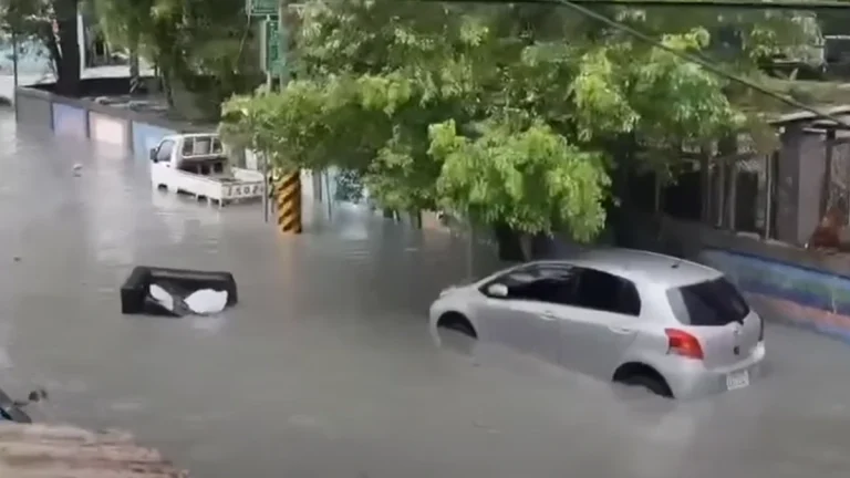 Flooding due to Matai'an creek dammed lake overflow in Hualien County, Taiwan. Credit: CNA Focus Taiwan