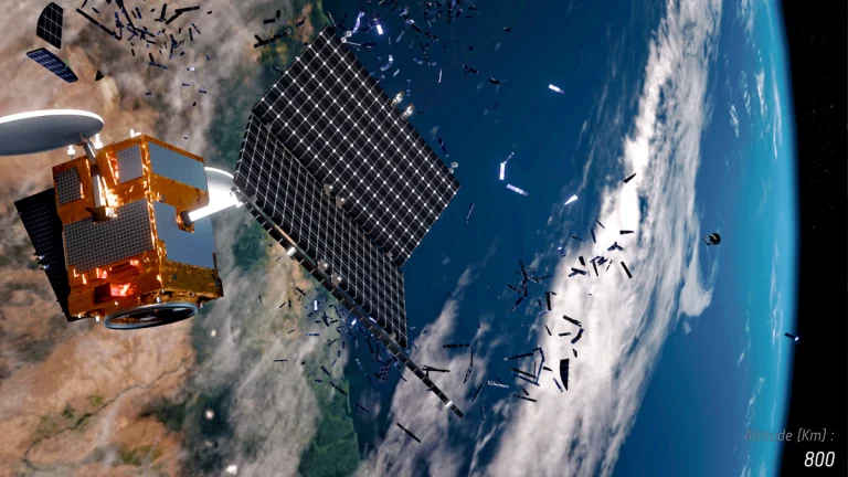 Illustration of a satellite breaking up into multiple pieces at higher altitudes
