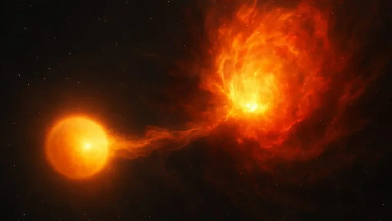 Illustration showing the remnant of a star being ejected at tremendous speed into space from the site of a supernova explosion caused by the interaction between a pair of white dwarfs.