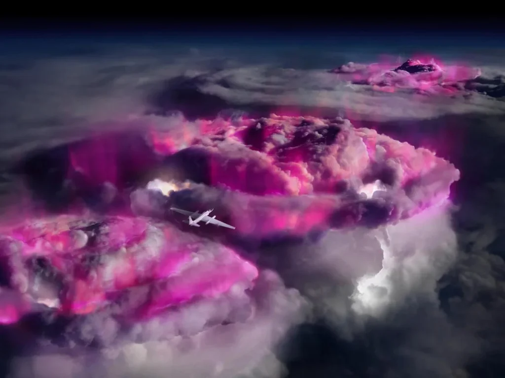 In this artists impression, a high-altitude NASA spy plane carries instrumentation to record purple-colored terrestrial gamma-ray flashes in thunderclouds