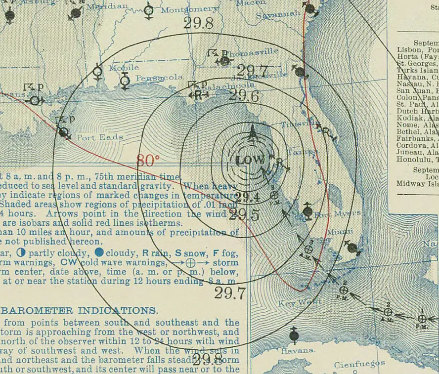 Surface weather map showing the hurricane approaching the Florida Straits on September 1