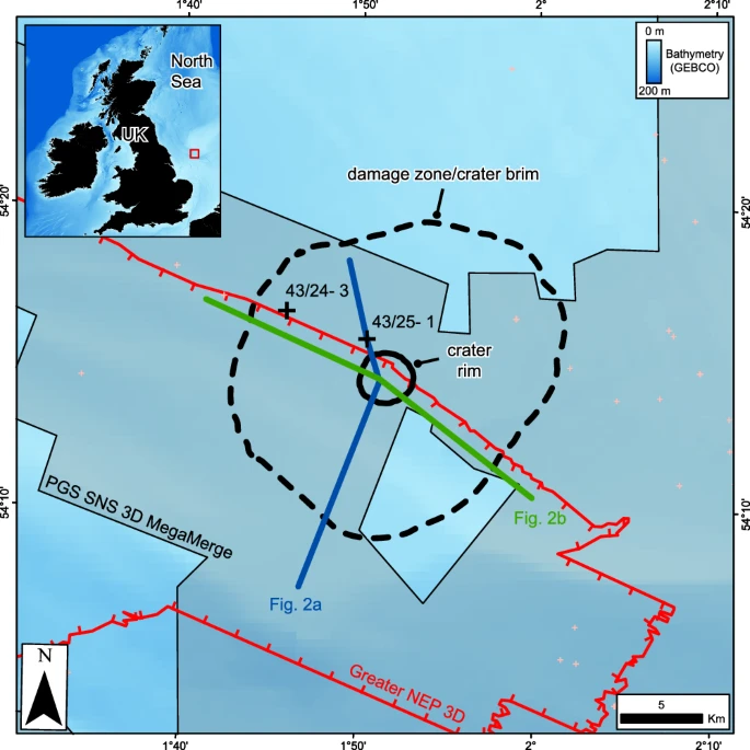 Location map showing the Silverpit Crater and its associated damage zone