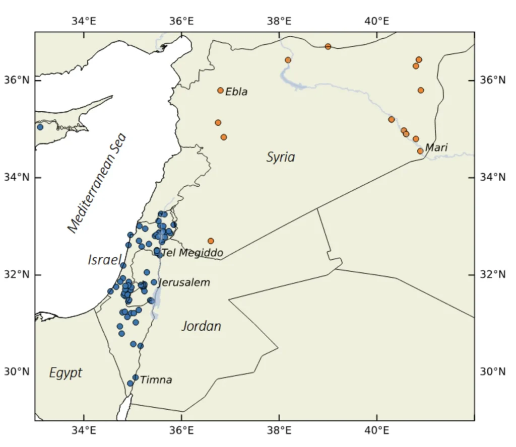 Locations where researchers have found archaeological samples with evidence of the Levantine Iron Age Anomaly