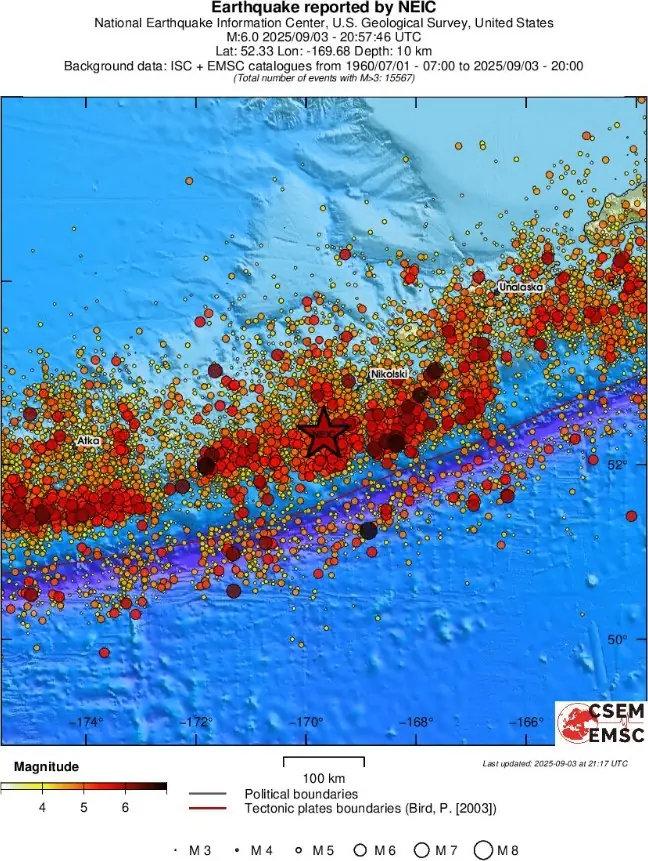 M6.0 earthquake fox islands alaska on september 3 2025 emsc regional seismicity