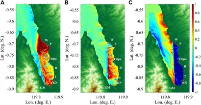 Maximum seabed subsidence computed for 2018 Palu Mw 7.5 coseismic sources