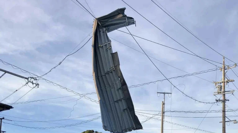 Part of a roof hanging from and elctrical wire in Shizuoka Prefecture after getting blown off due to strong winds from Tropical Storm Peripah. Credit: Chubu Power Grid