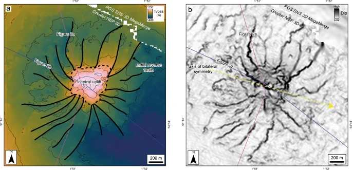 Radial faults around the central uplift at the BCU level allow reconstruction of the impact trajectory