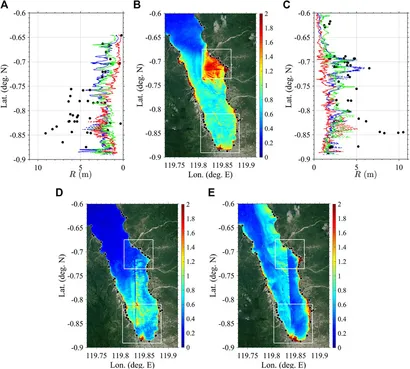 Runups R (black dots) measured in Palu Bay by international teams