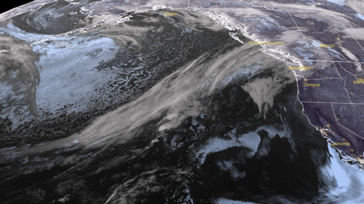Satellite image of AR making landfall over British Columbia as of 08:20 UTC on September 27, 2025. Credit: GOES-19, RAMMB/CIRA, The Watchers