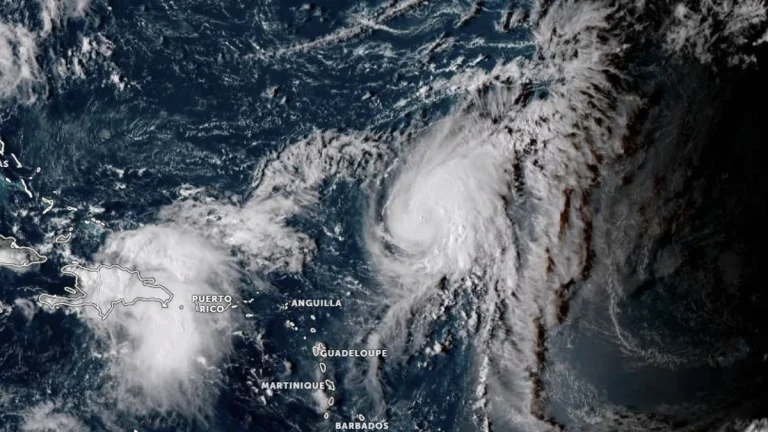 Satellite image of Tropical Storm Humberto and Disturbance AL94 (Imelda) as of 2020 UTC on September 26, 2025. Credit: NOAA/GOES-19, Zoom Earth, The Watchers