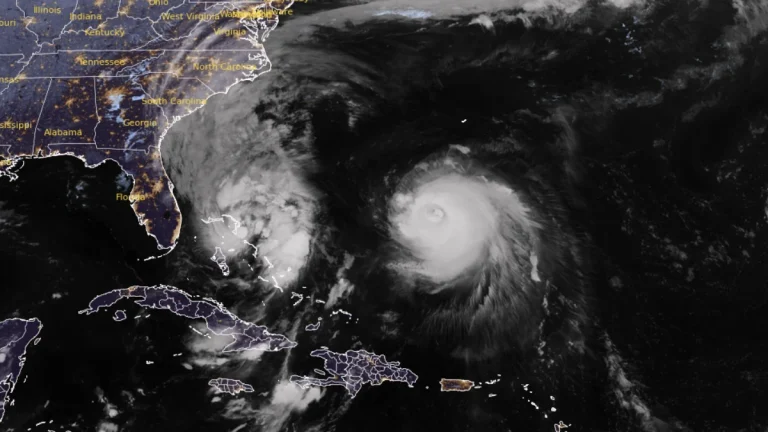 Satellite image of Tropical Storm Imelda and Hurricane Humberto as of 08:20 UTC on September 29, 2025. Credit: GOES-19, RAMMB/CIRA, The Watchers