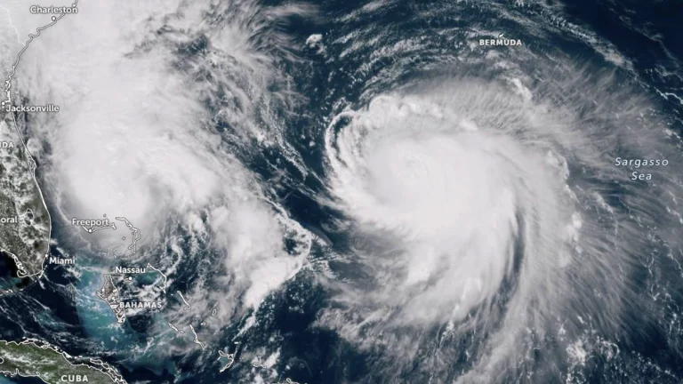 Satellite image of Tropical Storm Imelda and Hurricane Humberto as of 17:50 UTC on September 29, 2025. Credit: GOES-19, Zoom Earth,The Watchers