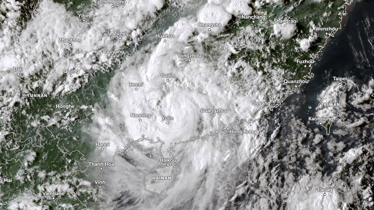 Satellite image of Tropical Storm Tapah over Chinese mainland as of 04:50 UTC on September 8, 2025. Credit: Himawari-9, Zoom Earth, The Watchers