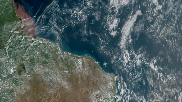Satellite image showing the daylight fireball flash over the Atlantic Ocean off the coast of Ceará, northeastern Brazil, on September 9, 2025.