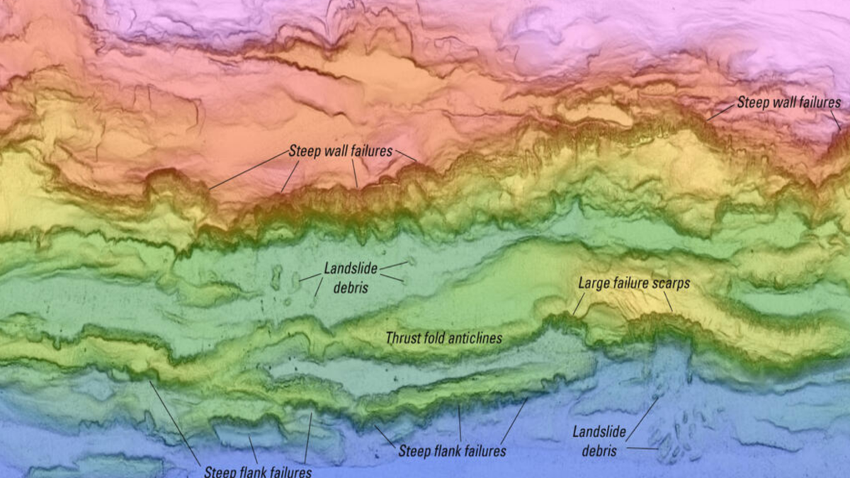 Detailed map showing seafloor features such as submarine canyons and slope failures offshore Kodiak Island, Alaska.
