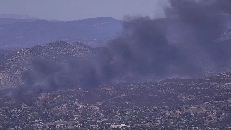 Smoke coming from the Coches 2 Fire near Lakeside, San Diego County, California on September 8, 2025