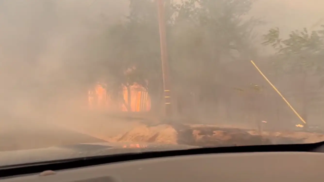 Structures are seen burning as the 6-5 Fire rages in California on September 2, 2025