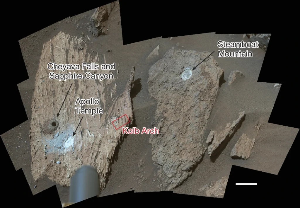 Mastcam-Z mosaic of the Beaver Falls workspace (sol 1217). The light-toned layered block hosts Cheyava Falls (natural surface), Apollo Temple (abrasion), and Sapphire Canyon (core sample, collected after Cheyava Falls analysis). The red box marks SuperCam target Kolb Arch. The darker granular block contains the Steamboat Mountain abrasion. Downslope is to the left. Enhanced colour vertical mosaic (110 mm focal length, sequence zcam09264). Scale bar: 10 cm.Credit: NASA/JPL-Caltech/MSSS.