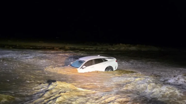 The car of the victims getting swept by floodwaters in the City of Barstow on September 18, 2025. Credit: Barstow Police Department